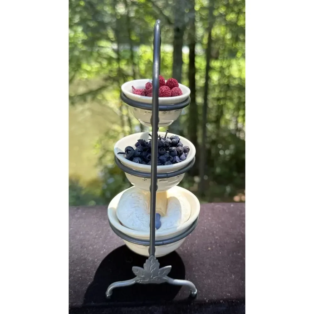 Longaberger Pottery Miniature Mixing Bowls Berries Dough Wrought Iron Stand Mint
